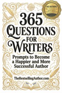 Book cover fro 365 Questions for Writers with gold books and quills