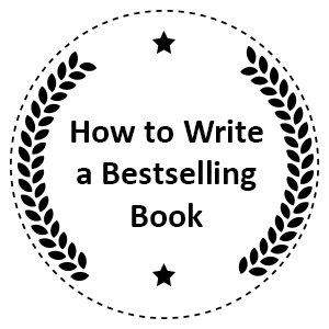 Black and white How to Write a Bestselling Book stamp with stars and wreath