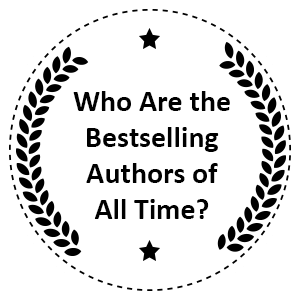 Black and white Who Are the Bestselling Authors of All Time stamp with stars and wreath